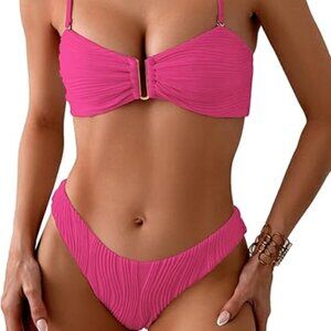 Women's Ribbed Bikini Sets High Cut U Wire Adjustable Spaghetti Straps Swimsuit